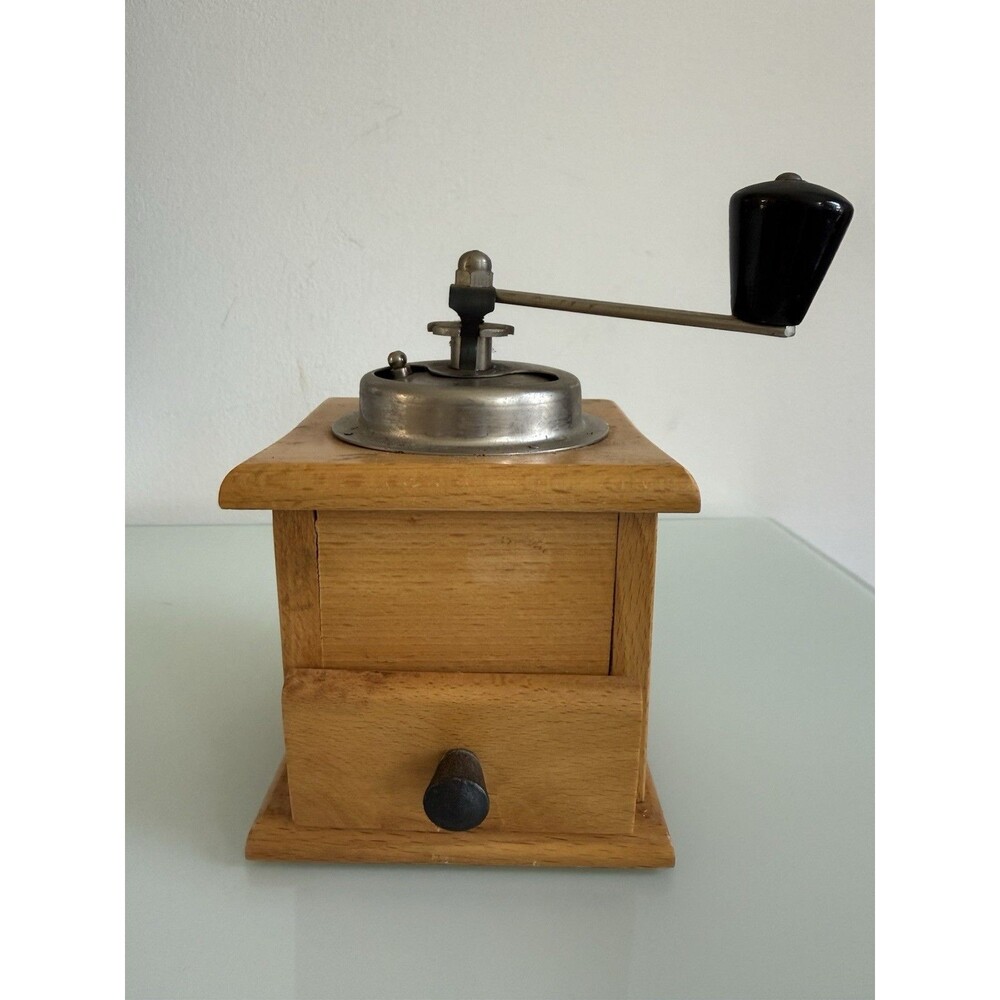 Vintage Manual Coffee Grinder Wood Box Metal Hand Crank Working Drawer